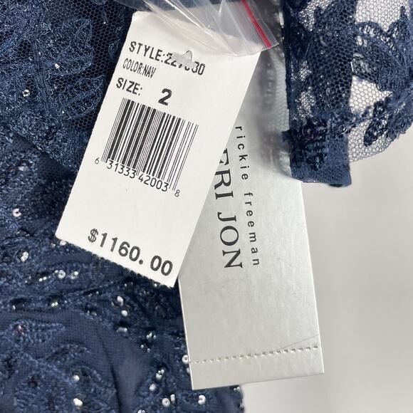 Teri Jon Emma Gown Navy Blue Sequin Lace Flutter Sleeves Side Slit Sz 2 - Picture 6 of 11